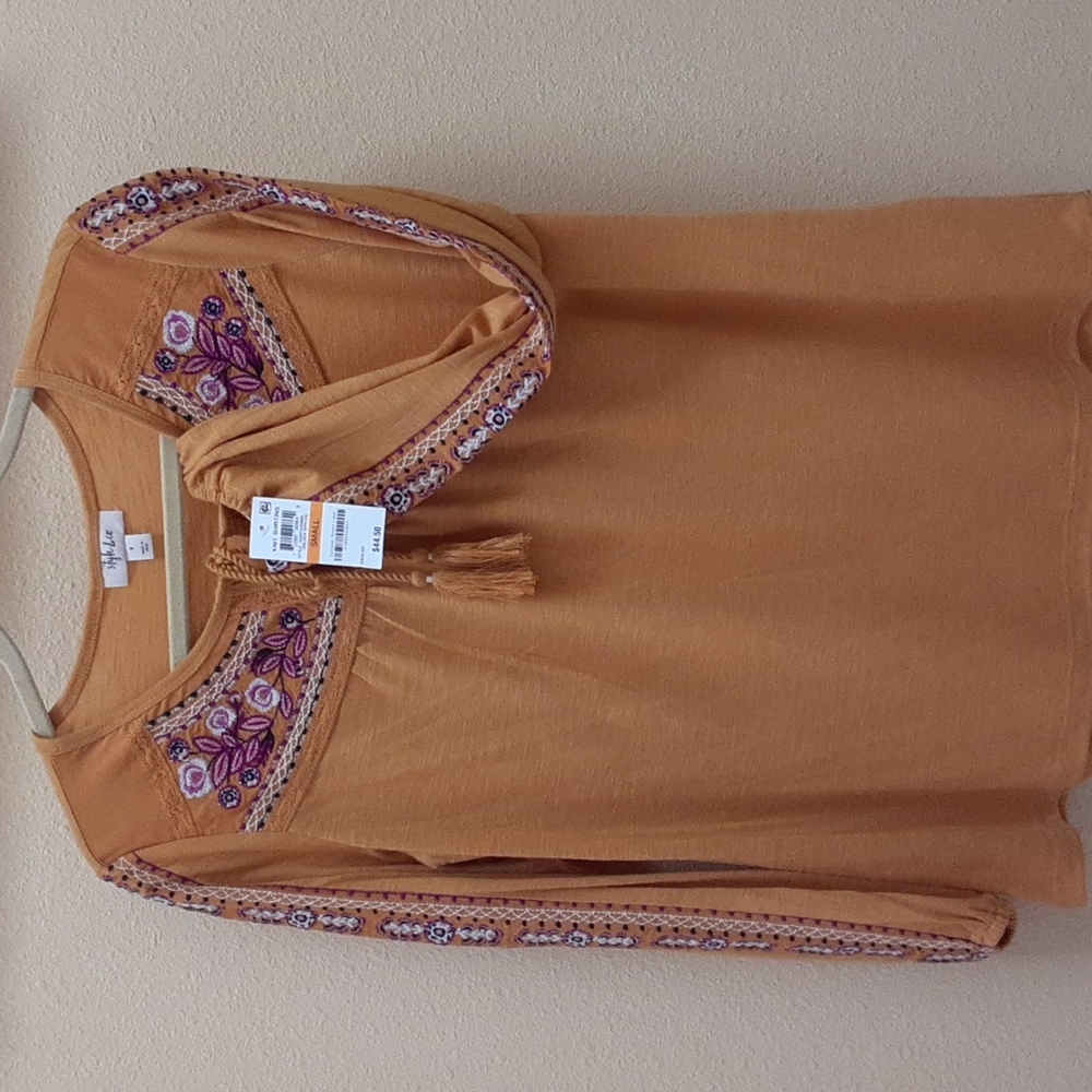Golden rod colored blouse with purple/lavender embroidered flowers